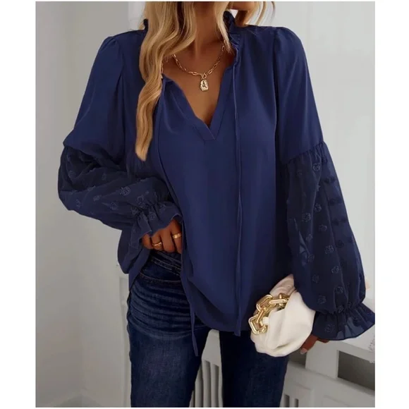 Boho Swiss Dot Sheer Sleeve Ruffle Blouse - Picture 13 of 14